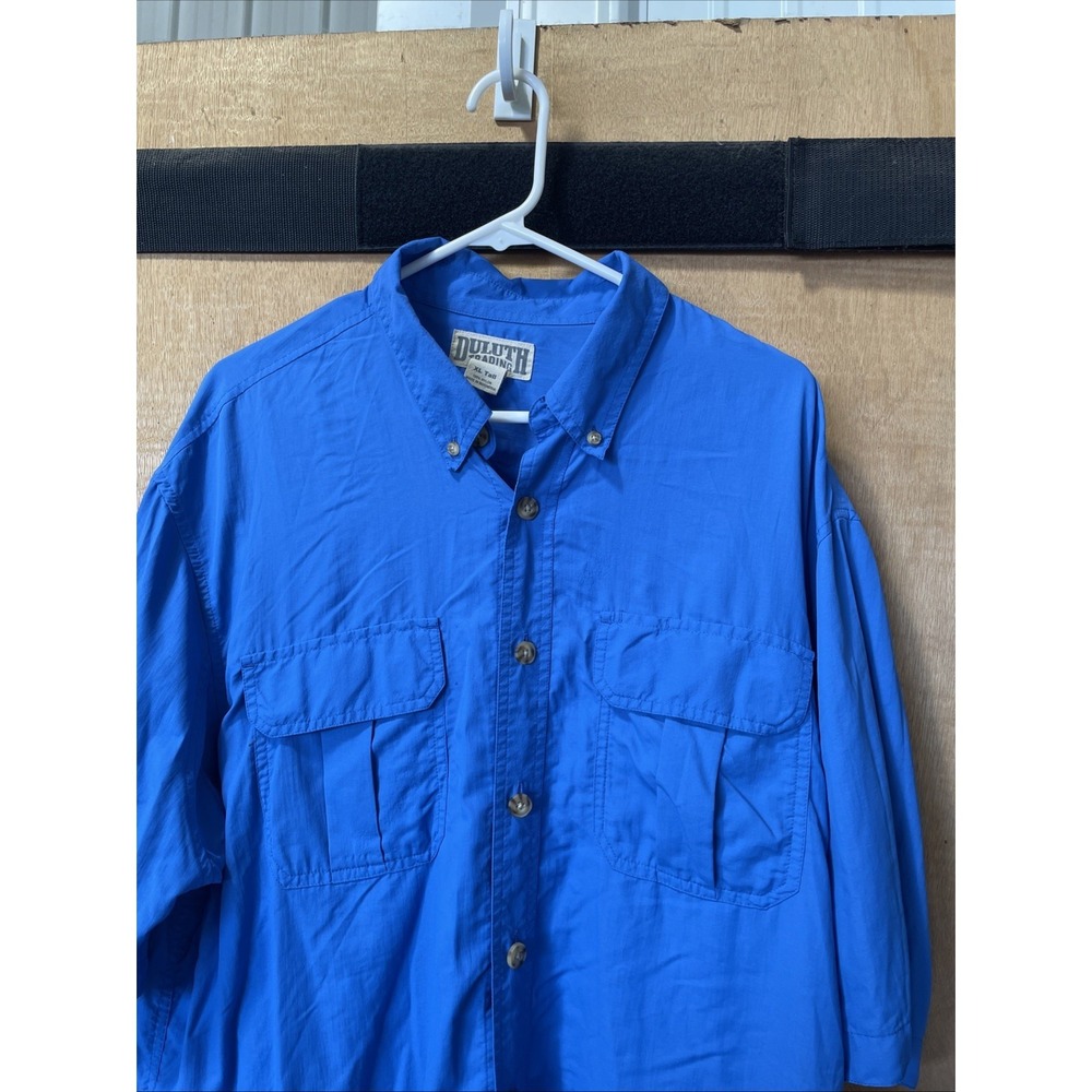 DULUTH TRADING CO. Mens Size XL Tall Blue Nylon Button Front Short Sleeve Shirt